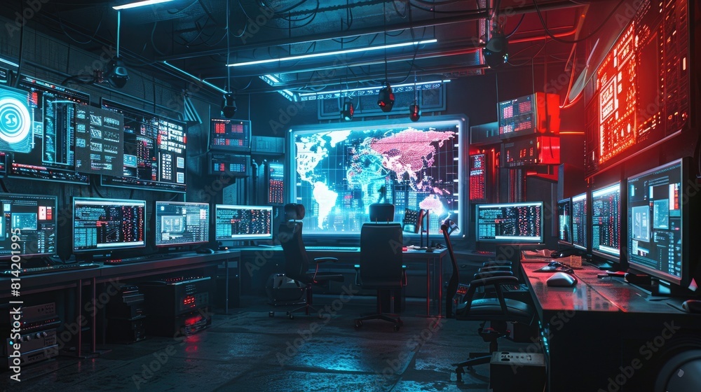 Cyberpunk Industrial room with huge monitors on the screen Cyberpunk Industrial room with huge monitors on the screen