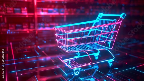 glowing red and blue neon wireframe shopping cart photo