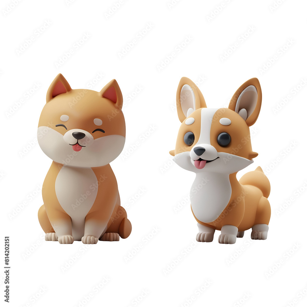 Illustration of Cute Corgi and Shiba Inu Dogs in 3D Cartoon Style Set, Isolated on Transparent Background, PNG Illustration of Cute Corgi and Shiba Inu Dogs in 3D Cartoon Style Set, Isolated on Transparent Background, PNG