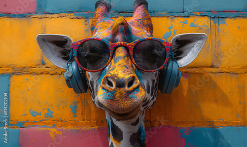 Portrait shooting Giraffe Head, big smile, Headphones, screeming, intrecate face details, face tattos and paintings, super vibrant matt colors photo