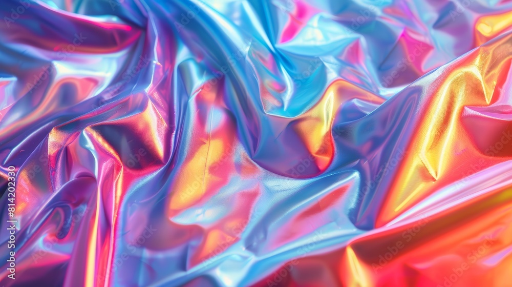 The image is a close-up of a crumpled piece of iridescent fabric, lit with bright multicolored lights, with a wrinkled surface that reflects the light in a rainbow of colors. The image is a close-up of a crumpled piece of iridescent fabric, lit with bright multicolored lights, with a wrinkled surface that reflects the light in a rainbow of colors.