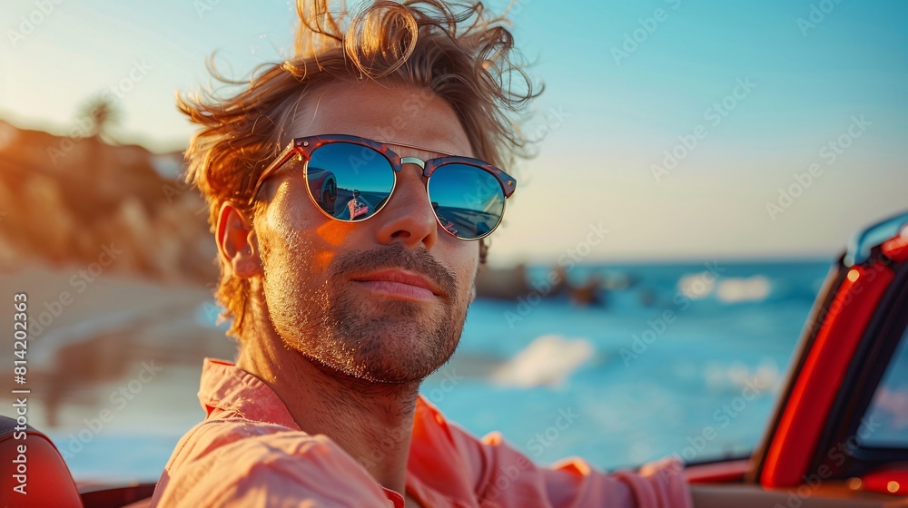 Man driving a convertible by the beach, wearing sunglasses, ocean view at sunset
Man driving a convertible by the beach, wearing sunglasses, ocean view at sunset