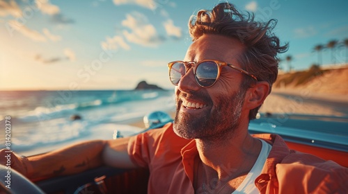 Smiling man driving a convertible by the beach, wearing sunglasses at sunset

