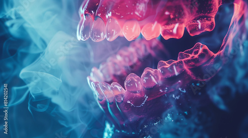 Stomatology Dentist Banner: Dental Implant with Smoke on Dark Background. Smoking and Teeth. Generative AI photo