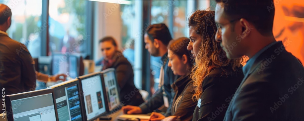 A cybersecurity training session in an office, with employees learning about phishing scams through interactive simulations A cybersecurity training session in an office, with employees learning about phishing scams through interactive simulations