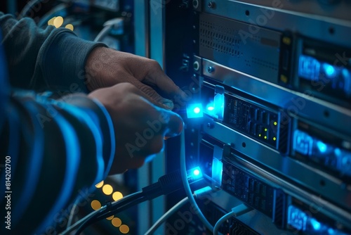 A cybersecurity professional plugging a USB security key into a server rack, lights flickering as a sign of active protection