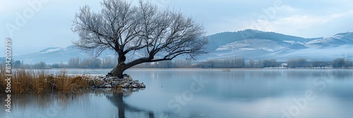 Leafless tree in winter on the shore of Lake Banyoles, In the morning realistic nature and landscape photo