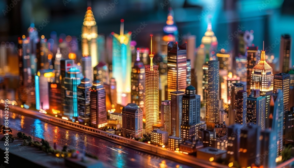 Obraz premium A detailed model of a cityscape with various buildings lit up, each representing a company funded through strategic investor relations