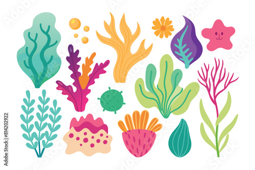 Vibrant Cartoon Underwater Seaweed, Coral, and Marine Plants Vector Set. Colorful Ocean Flora and Fauna Elements Collection.