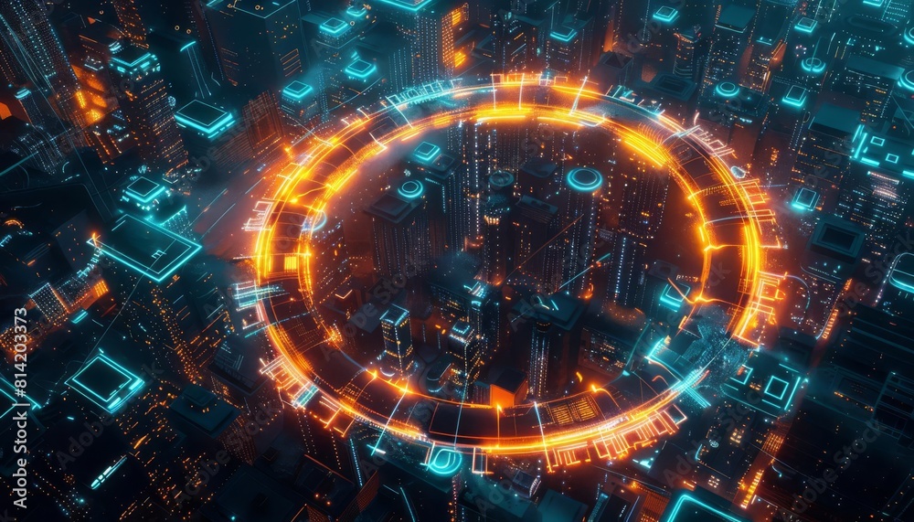 Obraz premium A digital fortress encircling a network of computers, glowing barriers representing firewall protection against cyber threats