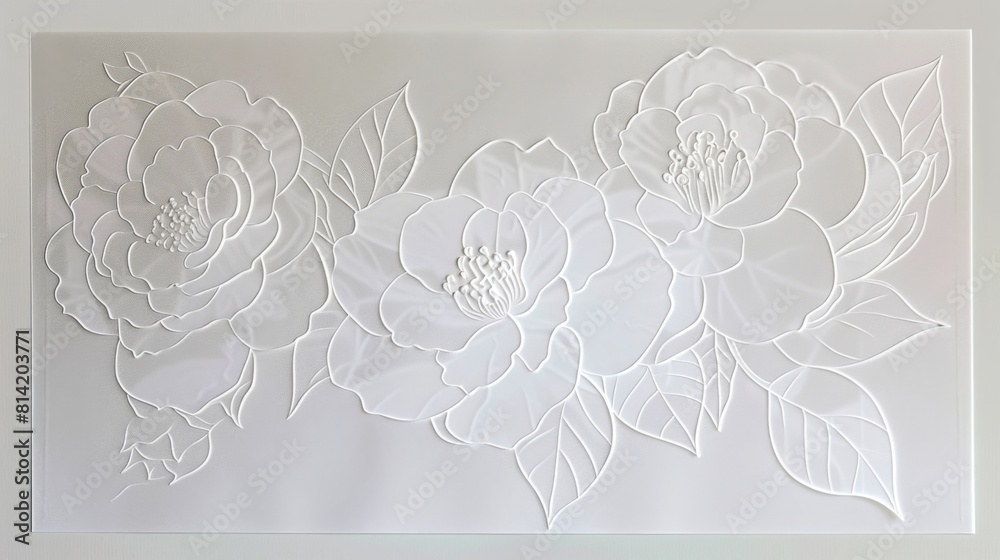 Tone-on-tone, bas relief depiction of camellia in white