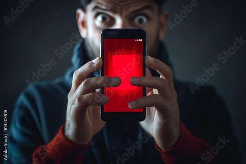 A dramatic representation of a smartphone with a phishing virus alert on the screen, held by a visibly shocked user
