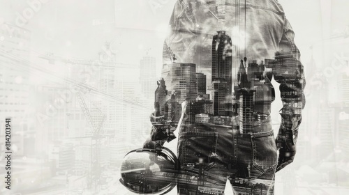 Double exposure image of construction worker holding safety helmet