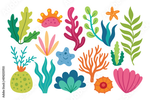Vector Illustration Set of Cute Cartoon Underwater Seaweed, Corals, and Starfish Elements