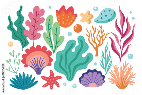 Colorful Underwater Plants and Marine Life Collection - Flat Cartoon Seaweed, Corals, Shells, and Starfish Set
