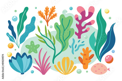 Colorful Cartoon Underwater Seaweed and Coral Collection. Marine Plants and Ocean Life Elements Illustration