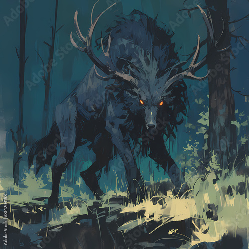 Fantasy Art: Dramatic Wolf with Red Eyes Stalking Through Enchanted Woods