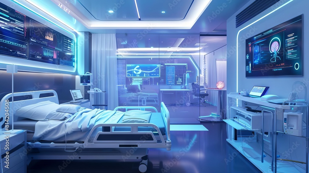 Fototapeta premium A futuristic hospital room monitored by smart AI technology, optimizing patient care and environment