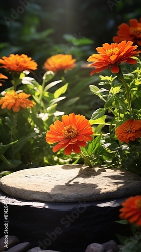 Orange zinnias in a garden.