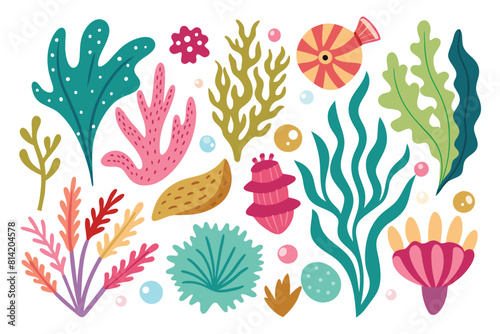 Colorful underwater plants, coral, and seaweed vector set. Marine flora collection for ocean and sea life illustrations. Cartoon algae elements.