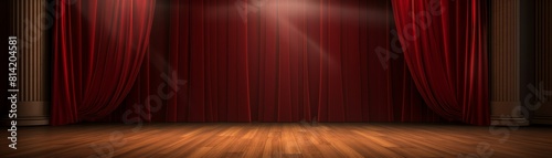 Red stage curtain with spotlight.