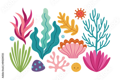 Vibrant Underwater World Elements Set with Cartoon Seaweed, Coral, and Seashell Illustration