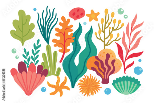Colorful Underwater Coral and Seaweed Collection. Vibrant Marine Life Elements and Ocean Plants Vector Illustration Set