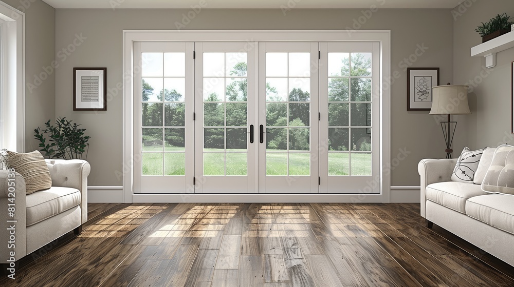 Fototapeta premium Interior of a living room with a large patio door overlooking the garden