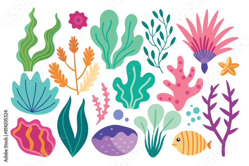 Vibrant Cartoon Underwater World Elements Set with Coral, Seaweed and Fish