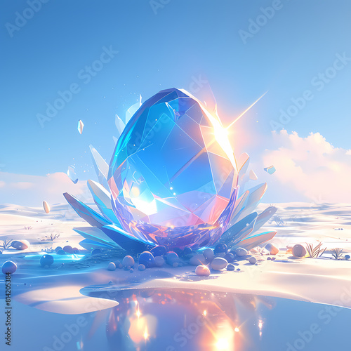 An enchanting blue crystal egg, radiating an aura of mystical energy against a dreamy backdrop. This stunning image is perfect for fantasy and magical themes. photo