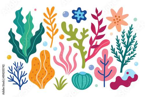 Vibrant cartoon underwater plants and marine life illustration set. Colorful seaweed, coral, and aquatic flora collection with ocean elements.