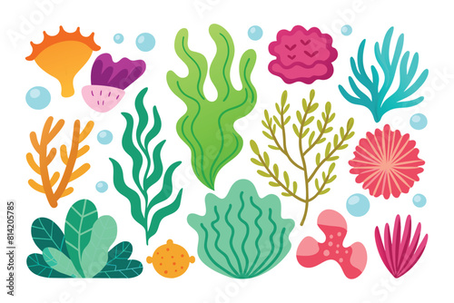 Colorful cartoon set of underwater coral and seaweed marine plants with bubbles