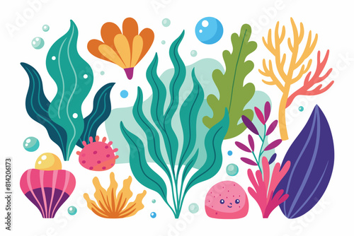 Colorful underwater plants and coral reef collection, cartoon marine seaweed and aquatic flora illustration set