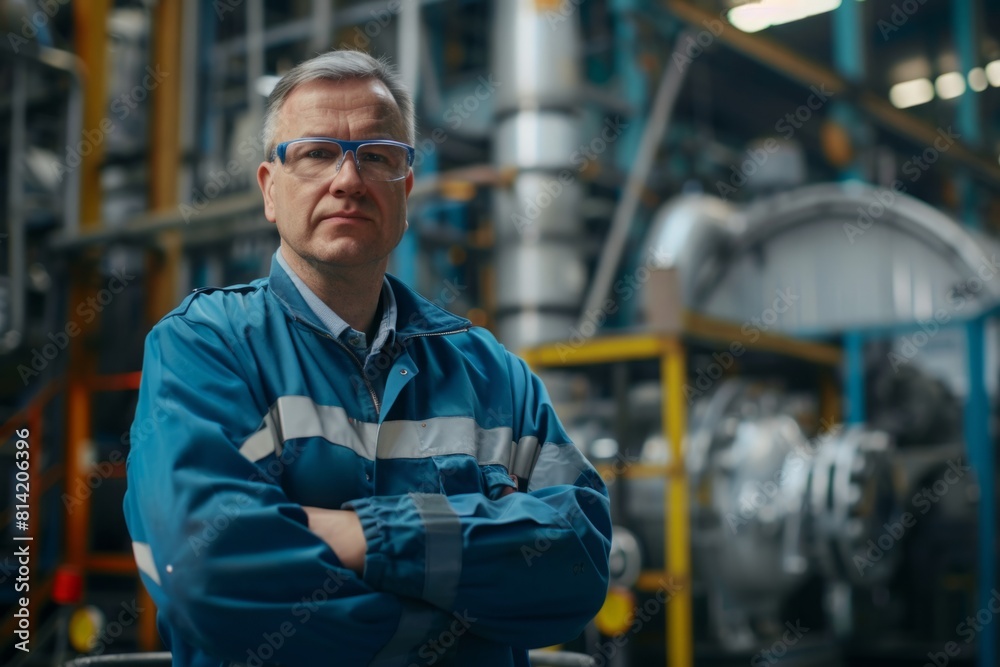 Portrait of an engineer in safety glasses and uniform, arms crossed on his chest. Professional assembly plant specialist. Portrait of an engineer in safety glasses and uniform, arms crossed on his chest. Professional assembly plant specialist.