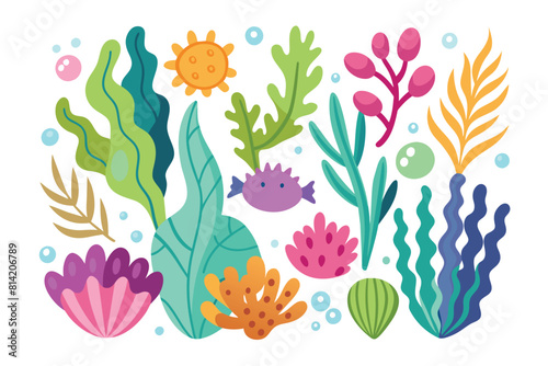 Vibrant cartoon underwater marine life collection with seaweed, coral, fish, and bubbles. Aquatic flora and fauna set.