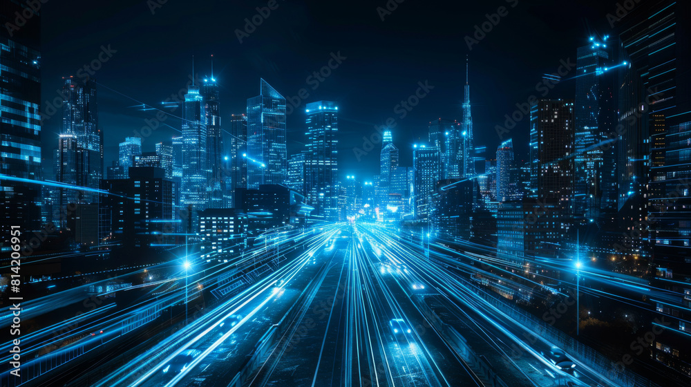 Fototapeta premium Blazing Neon Trails in a Cybernetic Cityscape, High-Speed Digital Network City in Neon Blue