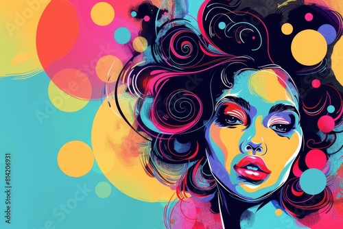 retro woman portrait with whimsical makeup and hairstyle playful cartoon illustration in vibrant hues abstract drawing