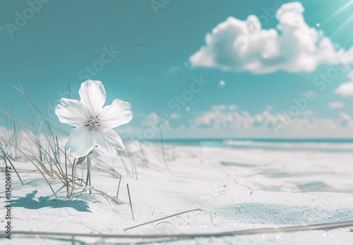An impressive close-up shot capturing a single white flower amid the grains of sand, embodying summer travel photo