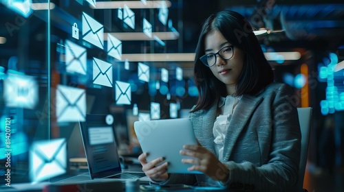 A scene showing a businesswoman checking her email with a background cybersecurity system alerting to potential phishing emails