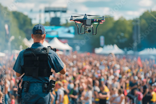 Police operating a drone that flies over the crowd at an outdoor concert.