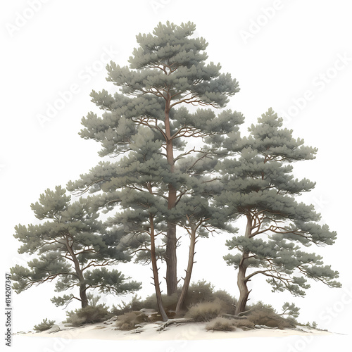 A serene scene of majestic maritime pines standing tall and solitary on a rocky outcrop. This image exudes tranquility and the enduring beauty of nature. photo