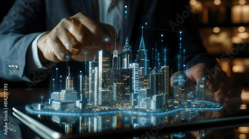 Businessman designing a new city concept with virtual reality technology