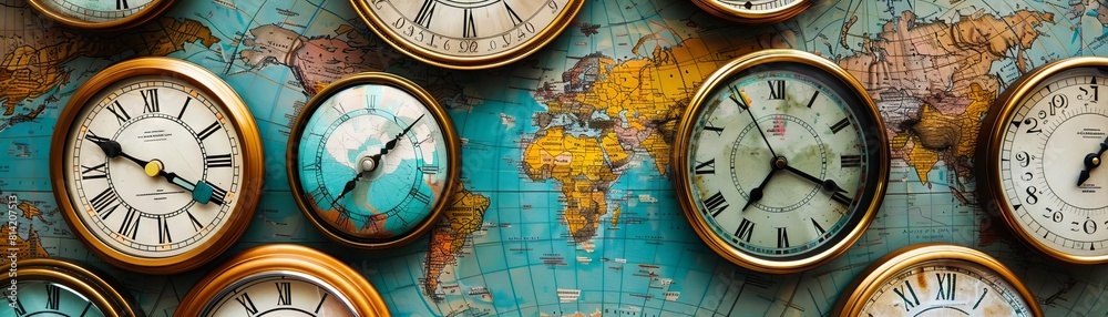 A series of clocks showing global time zones, representing coordination in international operations A series of clocks showing global time zones, representing coordination in international operations
