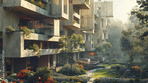 A Brutalist concrete apartment complex with geometric balconies overlooking a lush public garden. photo