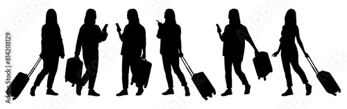 Silhouette of young woman tourist with camera and smartphone. Girl in casual clothes with a suitcase. The female traveler goes on a journey. Vector illustration set isolated on white