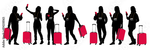 Silhouette of young woman tourist with camera and smartphone. Girl in casual clothes with a suitcase and tickets. The female traveler goes on a journey. Vector illustration set isolated on white