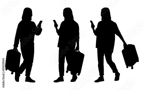 Silhouette of young woman tourist with smartphone. Girl in casual clothes with a suitcase. The female traveler goes on a journey. Vector illustration set isolated on white