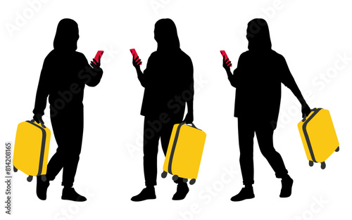 Silhouette of young woman tourist with smartphone. Girl in casual clothes with a suitcase. The female traveler goes on a journey. Vector illustration set isolated on white