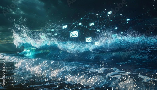 A symbolic representation of phishing through a digital ocean storm, where emails are waves and malicious ones crash against a firewall photo