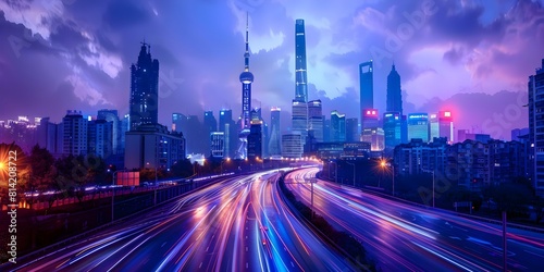 Shanghai China: A Vibrant Cityscape with Towering Skyscrapers and Illuminated Expressway. Concept Cityscape Photography, Skyscraper Architecture, Urban Landscapes, Nighttime Lights photo